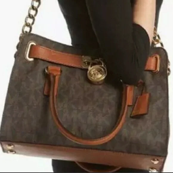 Michael Michael Kors Leather Hamilton Logo Tote Satchel Signature Monogram Bag - Picture 11 of 12